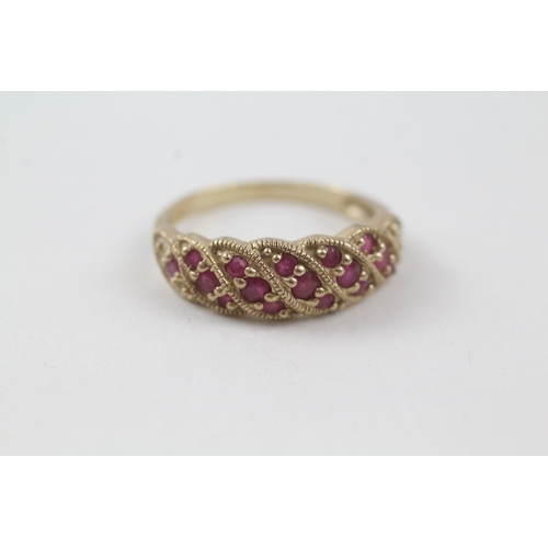 28 - 9ct gold vintage ruby multi row dress ring (2.7g) Size  P 1/2