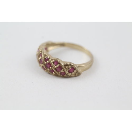 28 - 9ct gold vintage ruby multi row dress ring (2.7g) Size  P 1/2