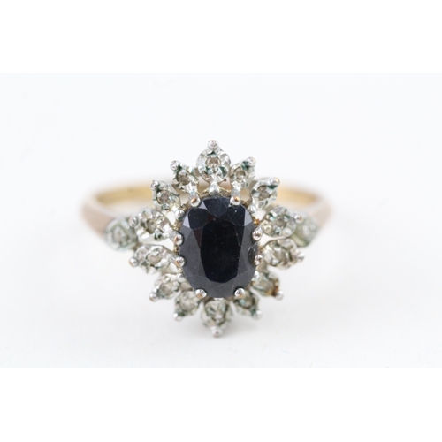 38 - 9ct gold vintage sapphire & diamond cluster ring (3.1g) Size  P