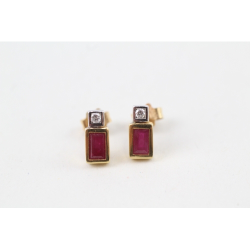 55 - 9ct gold ruby & diamond stud earrings with scroll backs (1.8g)