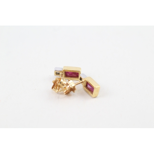 55 - 9ct gold ruby & diamond stud earrings with scroll backs (1.8g)