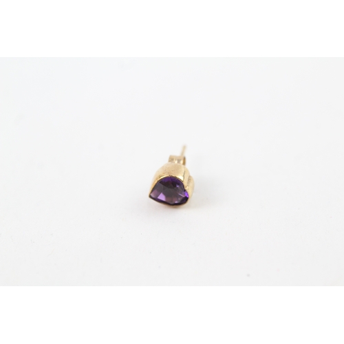 57 - 9ct gold amethyst heart shape stud earrings with scroll backs (1.2g)