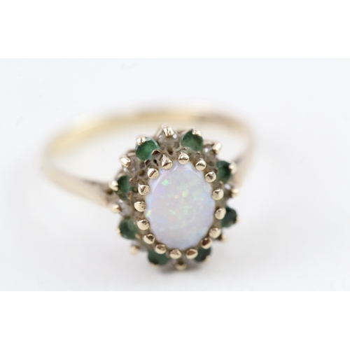 87 - 9ct gold vintage opal, emerald & diamond cluster ring (2.6g) Size  O