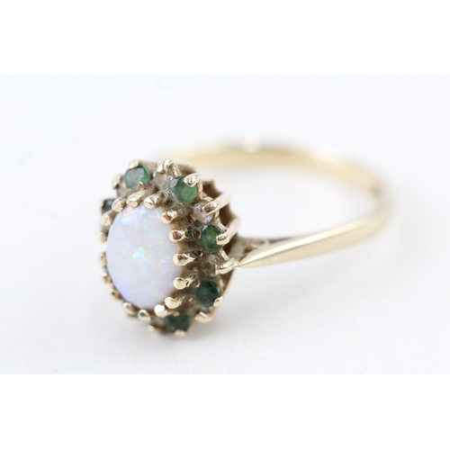 87 - 9ct gold vintage opal, emerald & diamond cluster ring (2.6g) Size  O