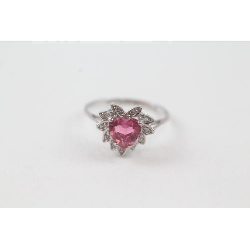 2 - 9ct gold heart shape cut pink tourmaline & diamond dress ring (1.6g) Size  J