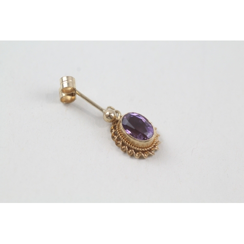 24 - 9ct gold vintage oval cut amethyst drop earrings with posts (1.6g)