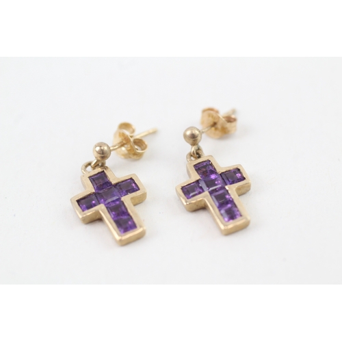 9ct gold amethyst cross drop earrings with scroll backs (2.4g)