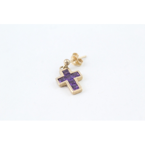 82 - 9ct gold amethyst cross drop earrings with scroll backs (2.4g)