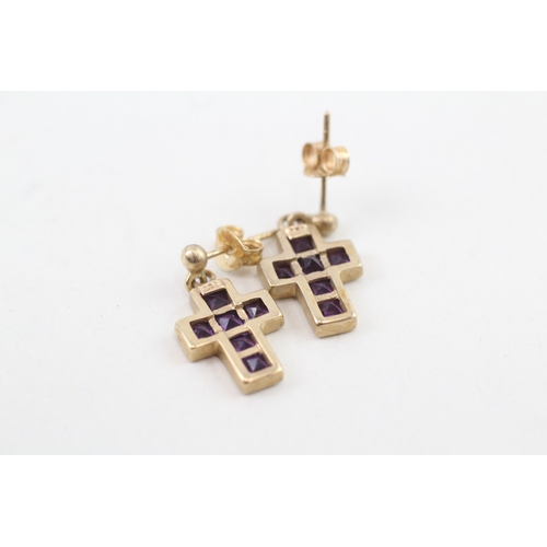 82 - 9ct gold amethyst cross drop earrings with scroll backs (2.4g)