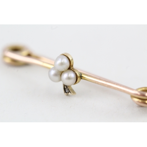 83 - 9ct gold antique seed pearl & diamond clover bar brooch (1.5g)