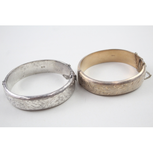 278 - Collection of Sterling Silver Bangles inc. Etched, Safety Chain, Floral 50g