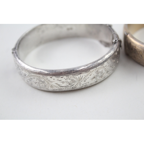 278 - Collection of Sterling Silver Bangles inc. Etched, Safety Chain, Floral 50g