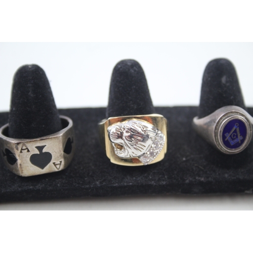 283 - Collection of Sterling Silver Gents Rings inc. Masonic, Ace of Spades, Puma 23g