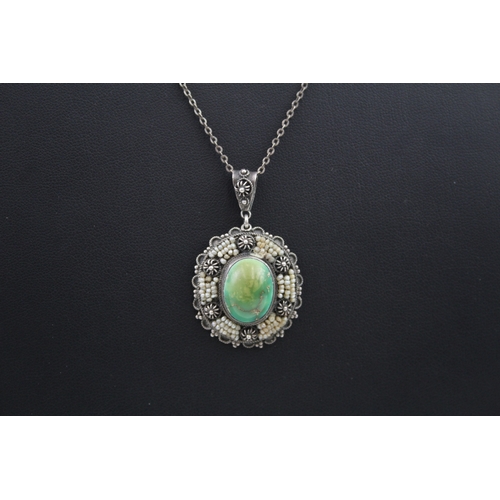 287 - Victorian Silver Turquoise & Seed Pearl Pendant Necklace 6g