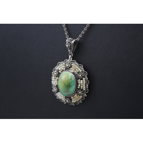 287 - Victorian Silver Turquoise & Seed Pearl Pendant Necklace 6g