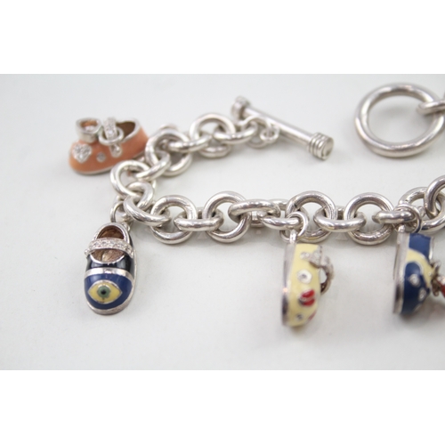 306 - Sterling Silver Charm Bracelet w/ Charms inc. Enamel Shoes, Stone Set 63g