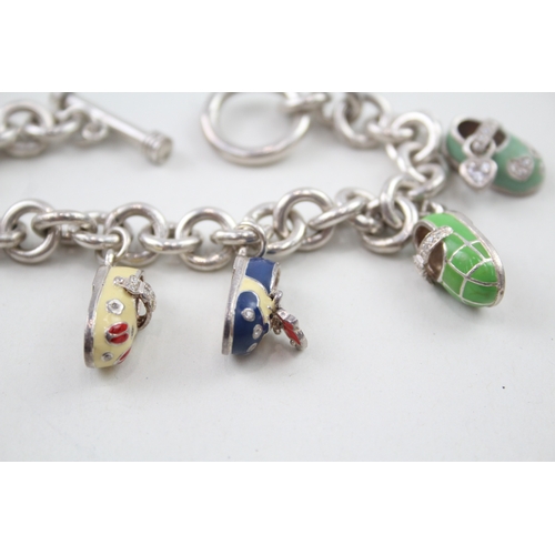 306 - Sterling Silver Charm Bracelet w/ Charms inc. Enamel Shoes, Stone Set 63g