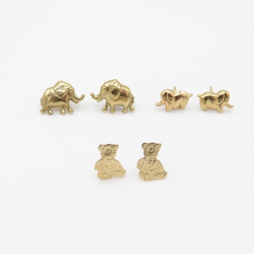 138 - 3 x 9ct gold teddy bear and elephant earrings (1g)