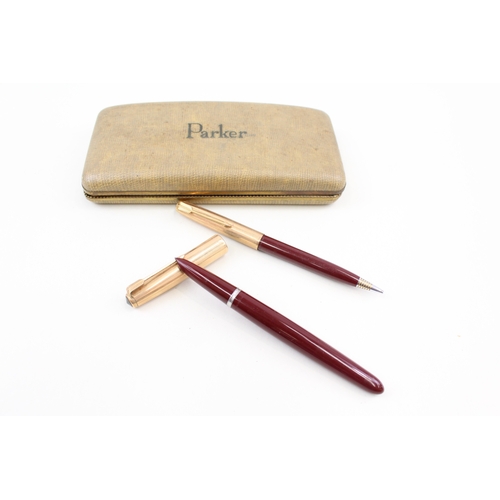 449 - Vintage Parker 51 Burgundy Fountain Pen w/ 14ct Gold Nib, Pencil, Box Etc