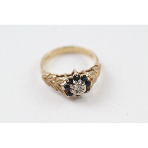 14 - 9ct gold vintage sapphire and diamond floral cluster dress ring with foliate design shoulders (2.7g)... 