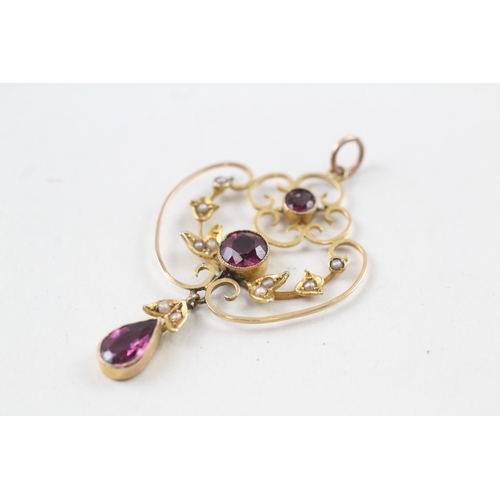 17 - 9ct gold edwardian garnet, amethyst and seed pearl pendant (3.1g)