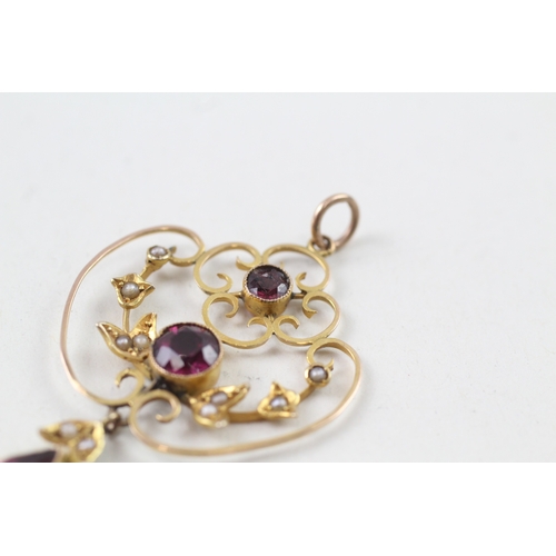 17 - 9ct gold edwardian garnet, amethyst and seed pearl pendant (3.1g)