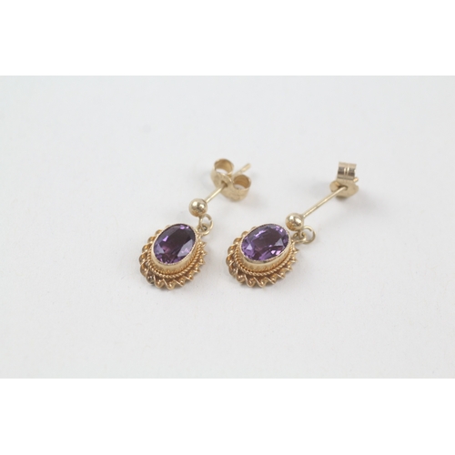 24 - 9ct gold vintage oval cut amethyst drop earrings with posts (1.6g)