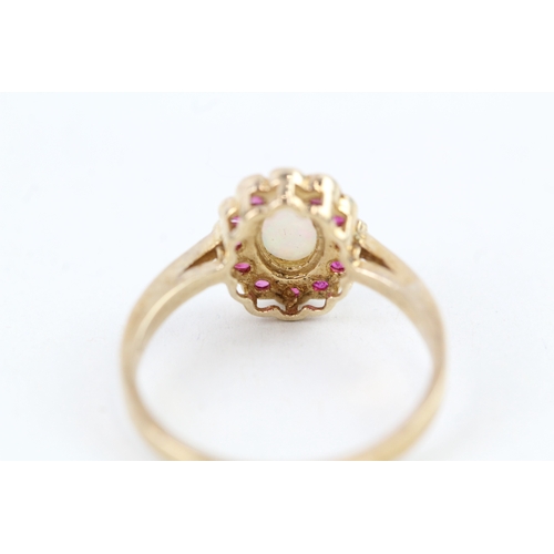 54 - 9ct gold opal & ruby cluster ring (2.4g) Size  O