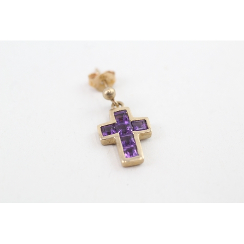 82 - 9ct gold amethyst cross drop earrings with scroll backs (2.4g)