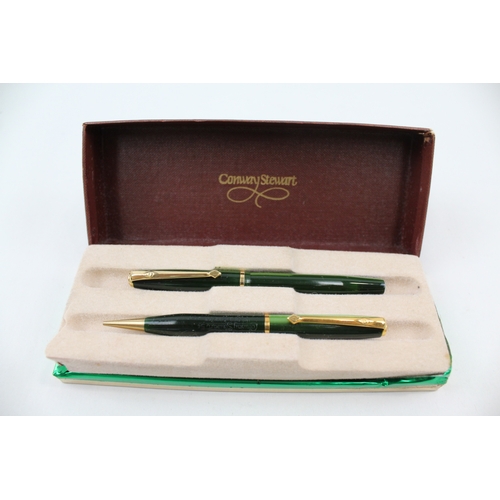 440 - Vintage Conway Stewart 570 Green Fountain Pen w/ 14ct Gold Nib, Pencil, Box Etc