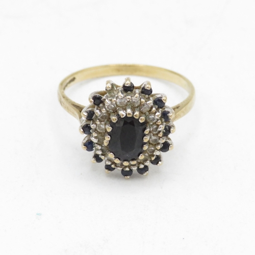 87 - 9ct gold vintage sapphire and clear gemstone halo cluster cocktail ring (2.6g) Size  O 1/2