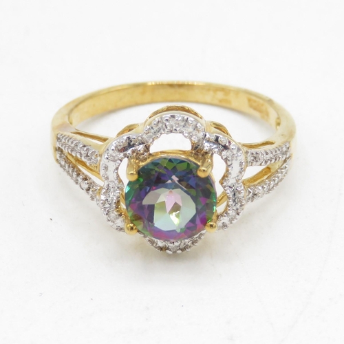 93 - 9ct gold mystic topaz & diamond ring (2.6g) Size  N 1/2