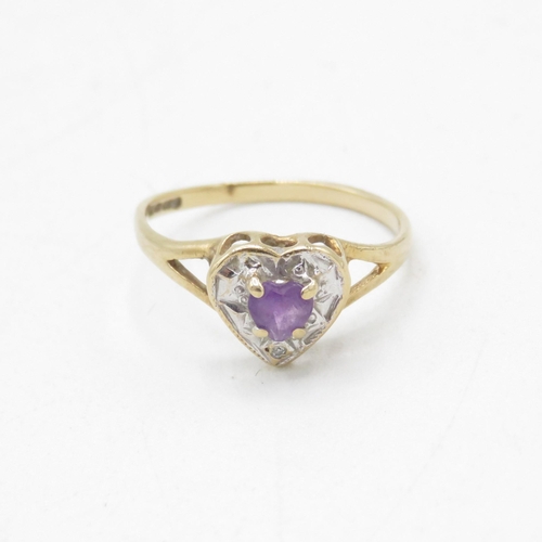 235 - 9ct gold amethyst and diamond heart design dress ring (1.4g) AS SEEN - MISSHAPEN Size  M