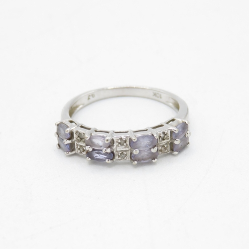 62 - 9ct white gold tanzanite and diamond double row half eternity dress ring (2.3g) Size  N