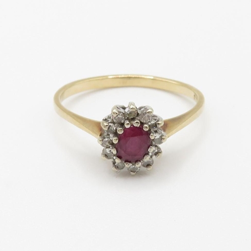 101 - 9ct gold ruby & diamond cluster ring (1.5g) Size  N 1/2