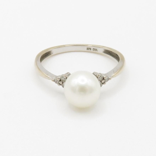 67 - 9ct gold cultured pearl & diamond dress ring (1.6g) Size  N