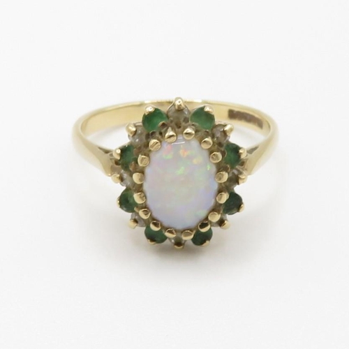 87 - 9ct gold vintage opal, emerald & diamond cluster ring (2.6g) Size  O