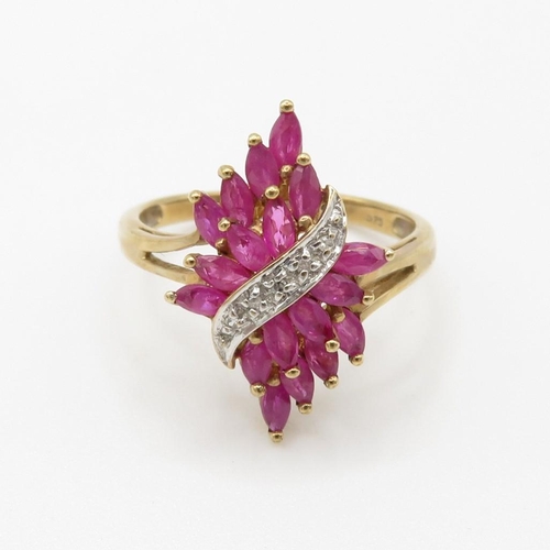 98 - 9ct gold marquise cut ruby & diamond dress ring (2.2g) Size  M