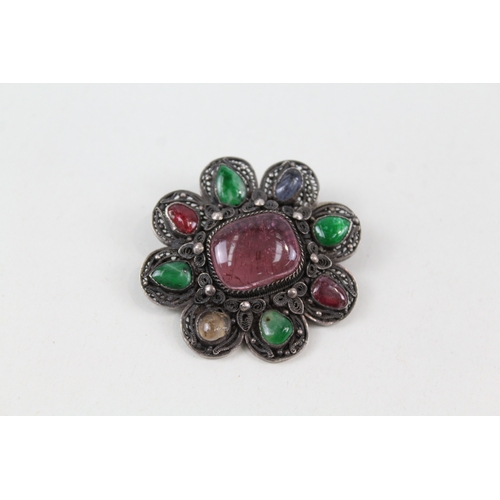 266 - Antique Silver Filigree Brooch inc. Gemstones, Floral 9g