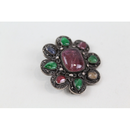 266 - Antique Silver Filigree Brooch inc. Gemstones, Floral 9g