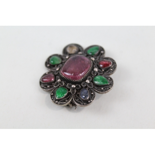 266 - Antique Silver Filigree Brooch inc. Gemstones, Floral 9g