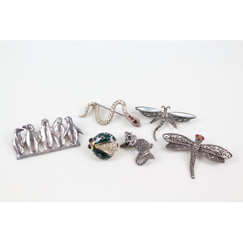 282 - Collection of Sterling Silver Animal Brooches inc. Marcasite, Enamel x 6 27g