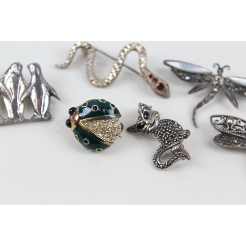282 - Collection of Sterling Silver Animal Brooches inc. Marcasite, Enamel x 6 27g