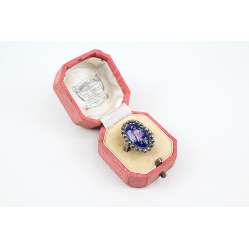 287 - Antique French Enamel & Cut Steel Silver Ring inc. Antique Box 3g