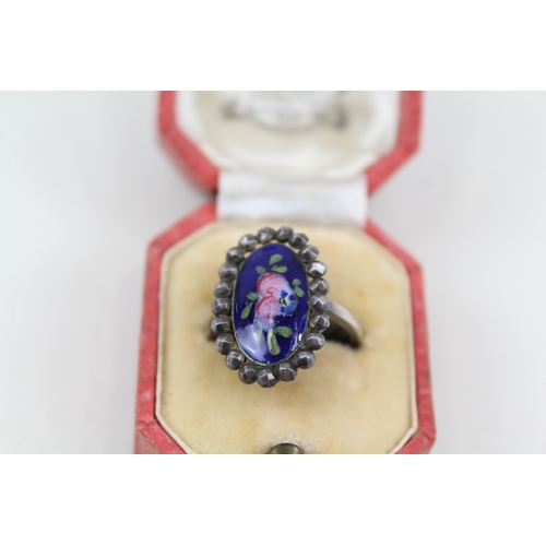 287 - Antique French Enamel & Cut Steel Silver Ring inc. Antique Box 3g