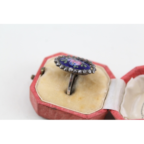 287 - Antique French Enamel & Cut Steel Silver Ring inc. Antique Box 3g