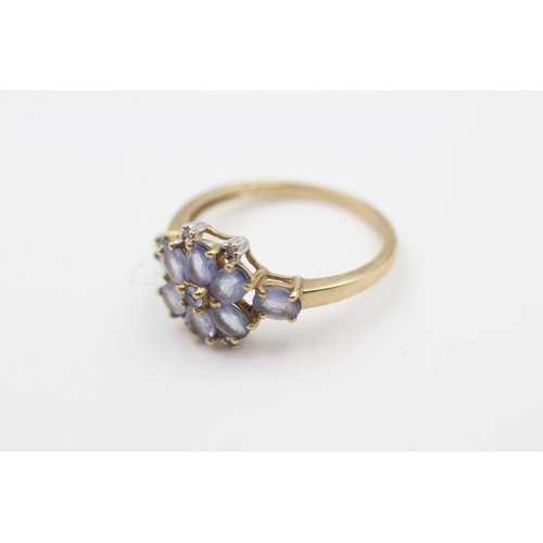 10 - 9ct gold diamond & tanzanite floral cluster ring (2.3g) Size  P