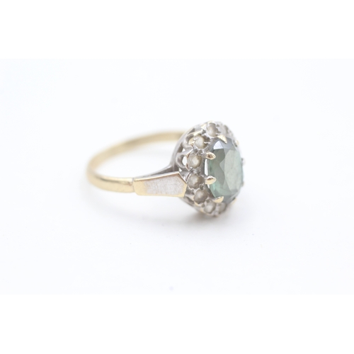 104 - 9ct gold green and white gemstone set cluster ring (2.8g) Size  N