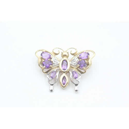 111 - 9ct gold amethyst and diamond set openwork butterfly brooch (2.6g)