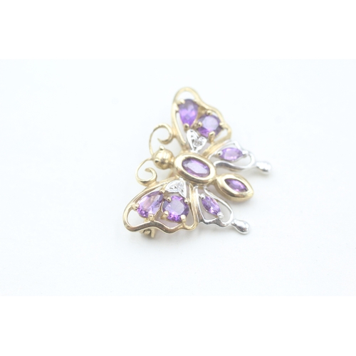 111 - 9ct gold amethyst and diamond set openwork butterfly brooch (2.6g)